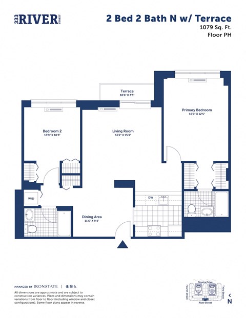 Floor plan for 2 beds, 2 baths, 1079 sqft